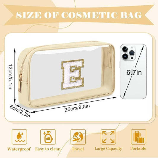 Personalized Initial Letter Clear Makeup Bag,Small Nylon&PVC Cosmetic Zipper Bag with Chenille Letter,Portable Beach Travel Skincare Toiletry Bag,Trendy Monogram Gift for Teen Girls Women,E