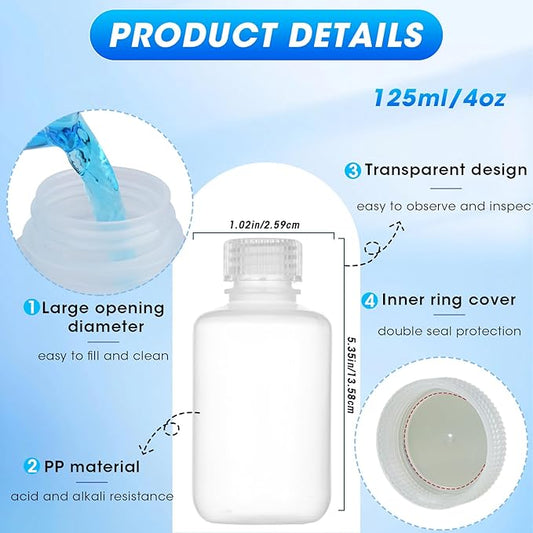 4oz/125ml Plastic Sample Bottles with caps, Wide Mouth Reagent Bottle with Lids Leak Proof Containers Water Sample Bottles for Laboratories, Travel(5Pcs)