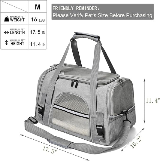 Dog Cat Carrier Soft for Small Pet Up to 16 Lbs TSA Airline Approved Travel Carrier Collapsible Puppy Car Mesh Bag 17.5 * 10.2 * 11.4 inch - Grey