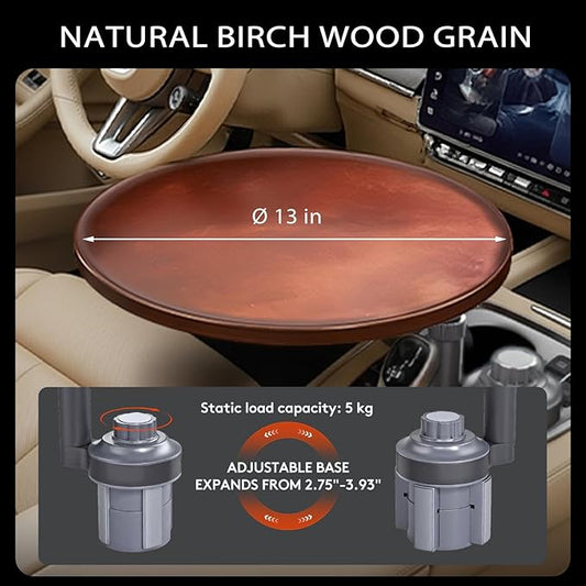 Car Desk for Laptop & Car Table Tray, Height-Adjustable 360° Rotating Wood Car Laptop Mount, Cup Holder Table, Steering Wheel Tray, Compatible with Tesla & Most Vehicles
