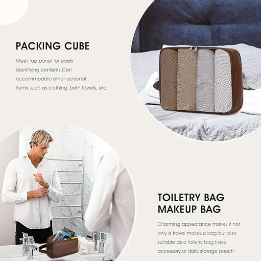 Wogarl 3PCS Faux Leather Weekender Bag for Women Men Large Overnight Travel Duffel Bags with Shoe Compartment Toiletry Packing Cube Carry On Duffle Fit 21" Laptop(Coffee)