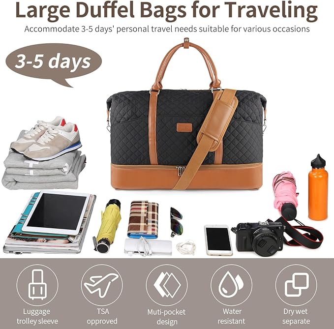 Weekender Bag, Large Travel Duffel Bag for Women, Carry on Overnight Bag with Shoe Compartment and Toiletry Bags