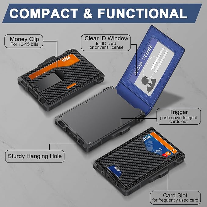 Wallet for Men, Minimalist Slim Mens Wallet with Money Clip, RFID Blocking Smart Pop Up Card Wallet with ID Window, Compact Bifold Wallet,Metal Aluminum Credit Card Holder