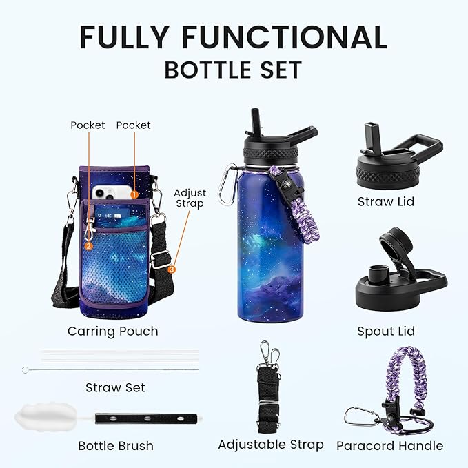 32oz Insulated Water Bottle, Triple Wall Vacuum Stainless Steel Water Bottles - Keeps Cold 48H, Reusable Metal water flask Jug for Gym, Sports, Camping, Hiking,Travel, Aurora-Purple