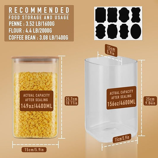 D2scrma 156oz Airtight Glass Square Storage Canister with Bamboo Lid Set of 2(4600ml*2) Large Gallon Glass Jars for Sugar, Flour, Cookies and Coffee beans (with Black Lable)
