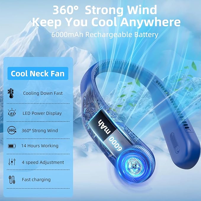 Portable Neck Fan,Hands Free Personal Wearable Bladeless Fan,6000mAh USB Rechargeable,360° Cooling,LED Display,4-Speeds,Birthday Gifts for Men Women Dad Mom,Stocking Stuffers Christmas Gifts (Navy)