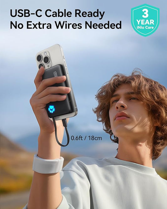 INIU Portable Charger, Slim 10000mAh Power Bank with Built-in USB-C, 45W Fast Charging Flight Travel Essentials, for College Students Men Women Girl Boy
