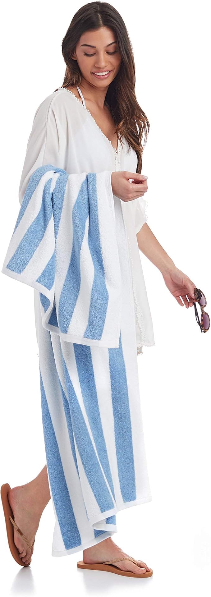 Amazon Basics Sky Blue Cabana Stripe Pool & Beach Towel, 100% Cotton, Soft & Absorbent, Machine Washable, Quick Dry, Large, 2 Pack, Sky Blue, 30" x 60"