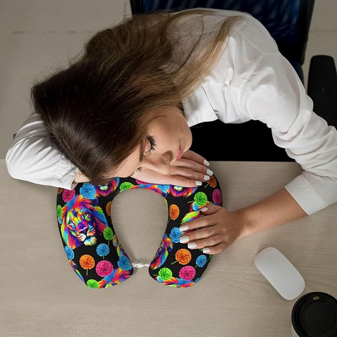 Comfortable Memory Foam Travel Neck Pillow, Funny Chin/Head Cushion Supporting Airplane Car Pillows Watercolor Lion Art Painting for Sleeping Outdoors Travel Office