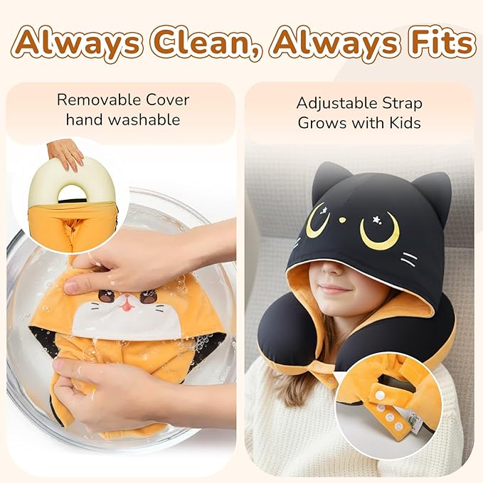 Certified to ASTM & CPSIA Standards–Kids Travel Neck Pillow with Hood,Memory Foam Airplane Pillow,Double-Sided, Cute Design, Cooling Ice Silk & Soft Plush, Adjustable, Portable & Washable for Flights
