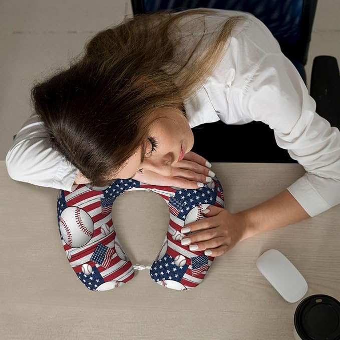 Travel Pillow Chin Neck Support, Comfortable Airplane Car Pillows for Rest, Memory Foam U Shaped Office Home Nap Sleeping Cushion Rustic Wooden American Flag Baseball Sport