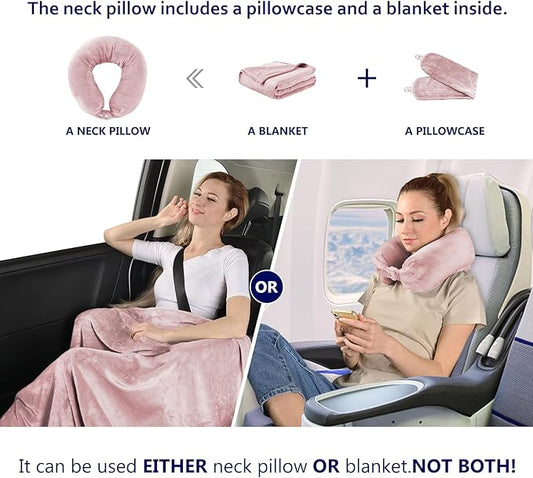 2 in 1 Travel Blanket, Soft Warm Blanket with Cozy Neck Pillow Case, Portable Blanket Set for Airplane, Camping, Car (Dusty Pink)