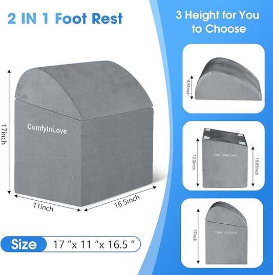 Foot Rest for Under Desk at Work - Non-Slip Foot Stool with 3 Adjustable Heights, Ergonomic Under Desk Footrest with Washable Cover for Desk, Home, Office, Car (Light Grey)