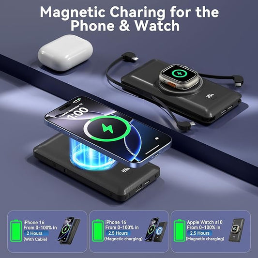 Magnetic 10000mAh Portable Charger for iWatch & iPhone, 22.5W USB C Fast Charging Wireless Power Bank Built-in Cables and Wall Plug, External Travel Battery Pack Compatible with iOS Android Devices