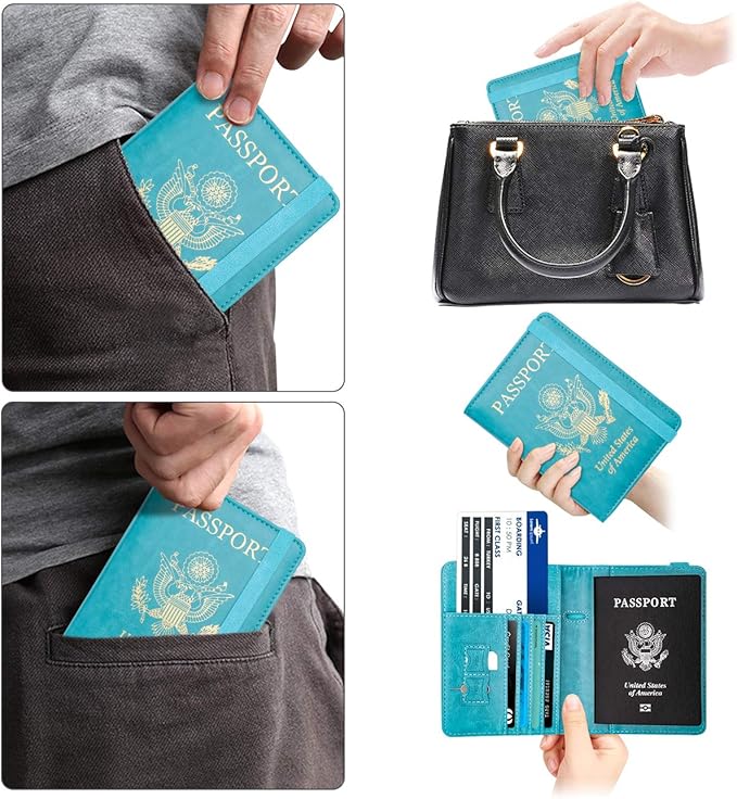 WALNEW Passport Holder for Travel, RFID Passport Cover Wallet for Women Men, PU Leather Passport Book Card Holder Case with Pen, Travelling Essentials for Flying