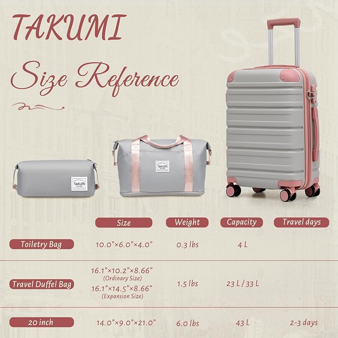 TAKUMI Carry On Luggage Set 3 Piece ABS+PC Hardshell Suitcases with Duffel Bag Double Spinner Wheels Travel Luggage with TSA Lock Lightweight Suitcase Set(GREY PINK, 3 PIECE SET(20/DB/TB))