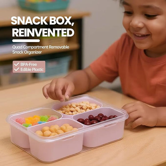 Snackle Box Container, Upgrade Dishwasher,Safe Snack Box for Adult Kids, 4 compartments Plastic Divided Serving Tray with Lid and Handle for Candy, Fruits, Snacks, Nuts,Small,Pink,2 Pack