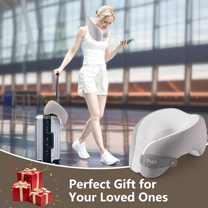 2in1 Ergonomic Memory Foam Travel Neck Pillow – Travel Pillow for All Sleep Positions on Flights, Road Trips, and Long Distance Travel with Drawstring Bag (Adjustable - Gray and White)