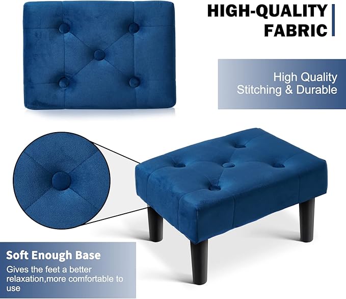 HOUCHICS Small Footstool Ottoman, Velvet Wooden Foot Stool Ottoman with Wood Legs, Sofa Footrest Extra Seating for Living Room Entryway Office(Blue 2PACK)