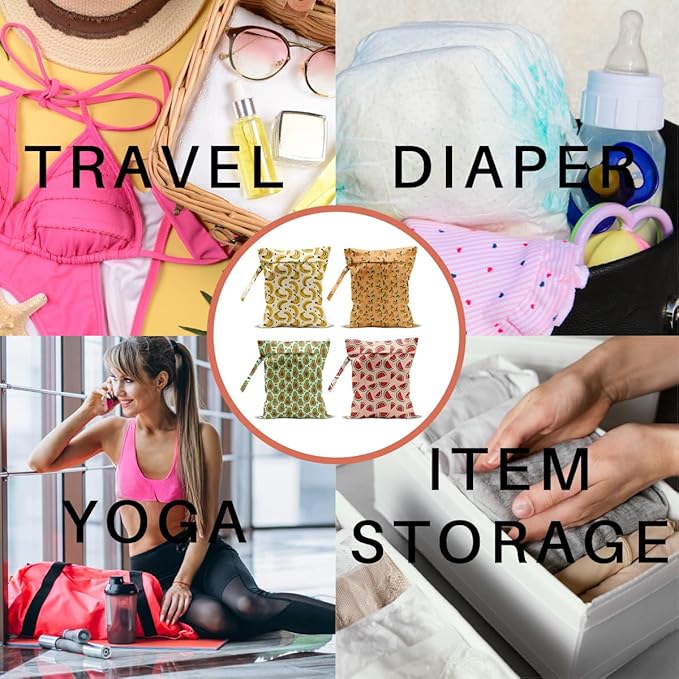 4 Pack Cute Fruit Wet Bag Waterproof Washable Reusable Wet Dry Bag for Swimsuit Dirty Clothes Cloth Diaper Travel Beach Pool Yoga Gym Toiletries Travel Beach Essentials Watermelon Avocado Banana