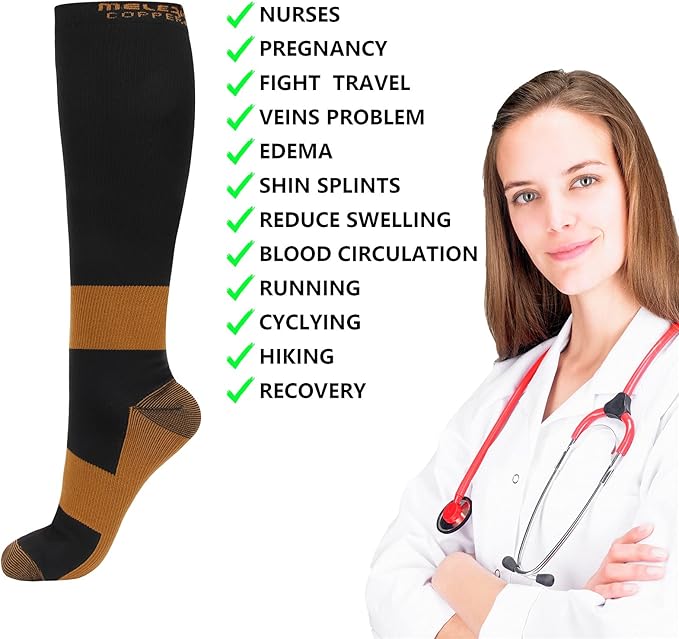 MELERIO Copper Compression Socks Men Women 4 Pairs 15-20 mmhg Comfortable Circulation for Edema Varicose Veins and Anti-Fatigue