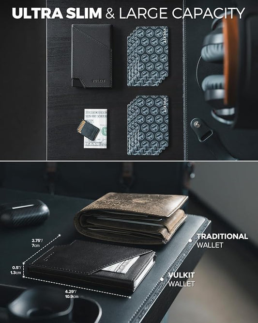 VULKIT Pop up Card Wallet Top-Grain Genuine Leather RFID Blocking Slim Aluminum Metal Bank Card Holder Case with Business Money Pocket for Credit Cards Notes and Coins Black