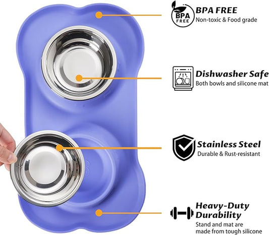 Hubulk Pet Dog Bowls 2 Stainless Steel Dog Bowl with No Spill Non-Skid Silicone Mat + Pet Food Scoop Water and Food Feeder Bowls for Feeding Small Medium Large Dogs Cats Puppies (Small, Purple)