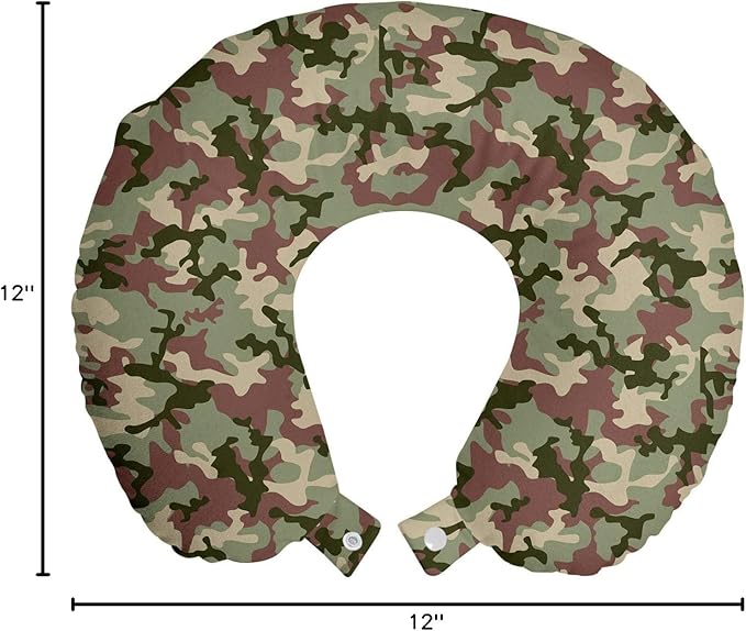 Ambesonne Camo Travel Pillow Neck Rest, Illustrated Green Camouflage in Forest Colors Hunter Theme, Memory Foam Traveling Accessory for Airplane and Car, 12", Dark Green Army Green