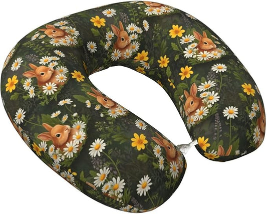 Comfortable Memory Foam Neck Pillow Rabbit Bunny, Travel U Shaped Airplane/Car/Flight Pillows with Removable Zipper Cover, Chin Head Neck Support Cushion