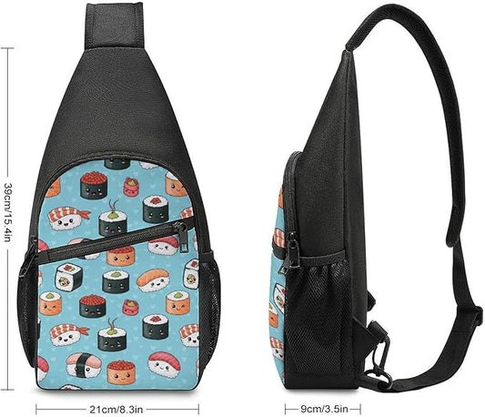 SWEET TANG Polyester Shoulder Sling Bag Multipurpose Casual Sport Daypack Unbalance Backpack with Small Pocket and Smooth Zipper, Blue Sushi