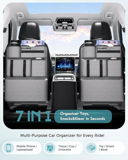 FLORICH 2 PACK PU Coated Fabric Car Backseat Organizer, Durable Large capacity Seat Back Organizer and Storage with 6 Pocket, Kick Mats Back Seat Protector for Kids Universal Fit