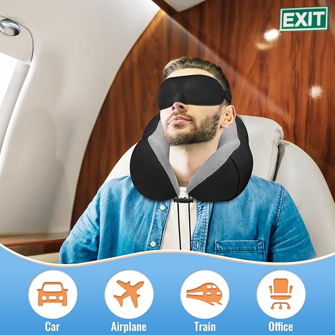 CloudBliss Travel Pillow Premium Memory Foam, Comfortable & Supportive Neck Pillow, Neck Pillows for Sleeping Travel, Airplane Pillow for Sleeping Airplane, Car, Office and Home(Black & Black)