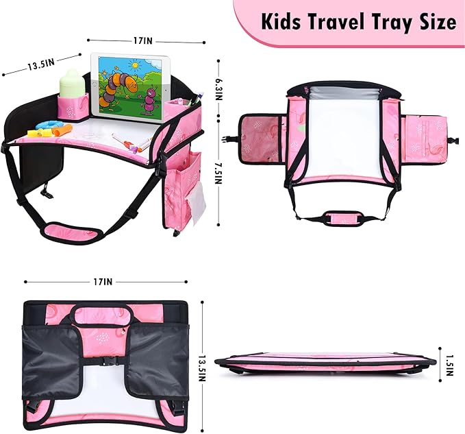 WENRENER Kids Travel Tray, Car Seat Tray for kids Travel, Toddler Road Trip Essentials With Drawing Kit, Toddler Lap Desk Organizer for Car, Carseat Table for Airplane