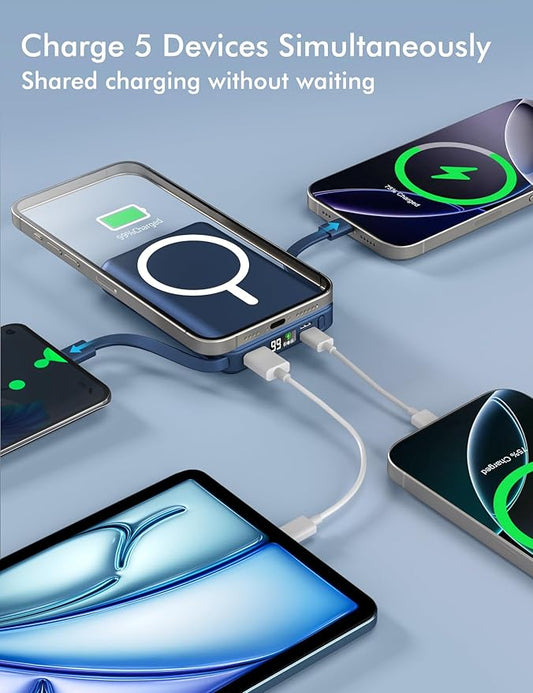 podoru for Magsafe Battery Pack, 10000mAh Magnetic Power Bank Built-in Double USB C Cables 22.5W PD Fast Charging LED Display Wireless Portable Charger for iPhone 17/16/15/14/13/12 Series-Navy Blue