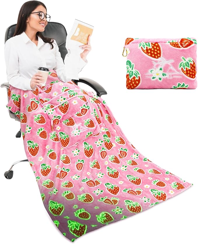 Strawberry Blanket and Pillow Set - Glow in The Dark Kids Travel Blanket Airplane Compact, Soft Fuzzy Pink Fruit Fleece Throws for Car, Plane, Traveling - Cute Strawberry Gifts for Girls 40"x60"