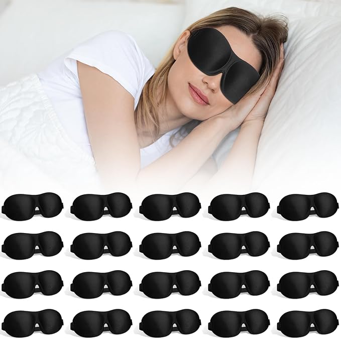 Bonuci 20 Pack Sleep Mask Blackout 3D Eye Mask for Ultralight Sleeping Night Blindfold Eye Covers with Adjustable Strap for Men Women Travel Gift Back and Side Sleeper (Black Bulk)