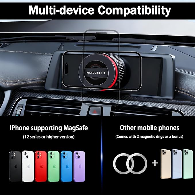 Magnetic Car Phone Mount, 120+ LB Vacuum Suction & 3000gf Magnetic Force, 360° Triple-Axis Adjustable Car Holder for iPhone & All Phones, Twist-Lock Suction Cup, Quick-Release – Black