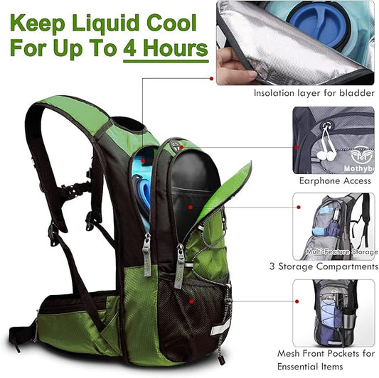 Mothybot Insulated Hydration Backpack Pack with 3L BPA Free Leak Proof Water Bladder, Large Storage Lightweight Hiking Daypack with Waist Pouches & Cooler Layer, for Running, Biking, Camping, Festival
