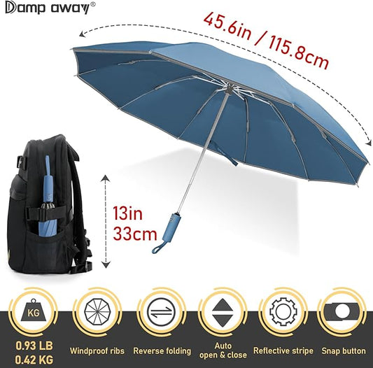 Windproof Travel Umbrella for Rain, Large Portable Reverse Folding Car Umbrella, Inverted Design, Compact Auto Open Close with Durable Waterproof Canopy, Fits Backpack/Women Men, 45.6 Inch
