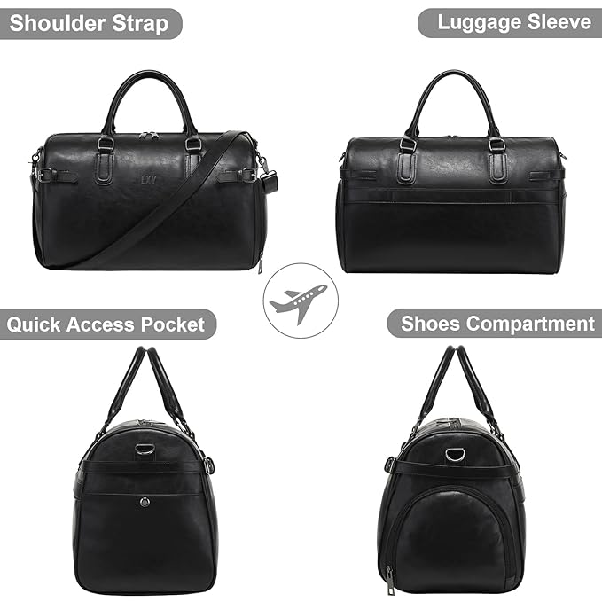 Vegan Leather Duffle Bag, LXY Travel Duffle Weekender Bag with Shoe Compartment, Duffel Overnight Gym Bags for Women Men Black