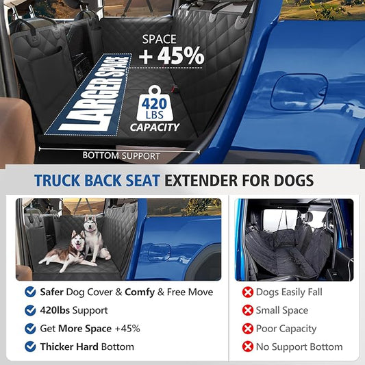 XL Truck Back Seat Extender for Dogs, Dog Seat Cover Back Seat Holds 420lbs, Hard Bottom Pet Seat Covers for Crew Cab Trucks, Dog Hammock for F150, RAM1500, Sierra, Tundra, Silverado, Titan Black