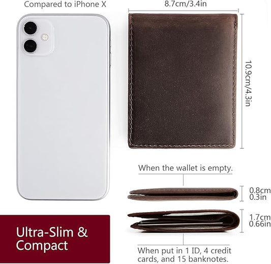 LnxLtw Bifold Travel Wallets for Mens Slim RFID Blocking | Compact Front Pocket Thin Genuine Leather Wallet | Minimalist Credit Card Holder with 4 Card Slots and ID Window Gift Box (Dark Brown)