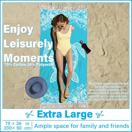 Thin Turkish Beach Towel Lightweight Soft Cotton Extra Large XL Oversized Sand Free Sandproof Absorbent Quick Dry Towels Cloud Bath Pool Travel Compact Essentials Accessories for Adult Gifts