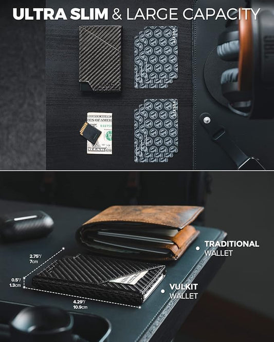 VULKIT Pop up Card Wallet RFID Blocking Slim Aluminum Metal Bank Card Holder Case with Business Money Pocket for Credit Cards Notes and Coins (Carbon Fiber Black)