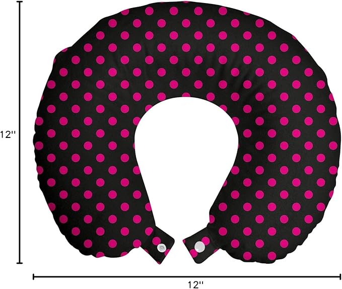 Ambesonne Hot Pink Travel Pillow Neck Rest, Old Fashioned Polka Dots Symmetrical Pattern in Vibrant Color Classical Pop, Memory Foam Traveling Accessory for Airplane and Car, 12", Black Hot Pink