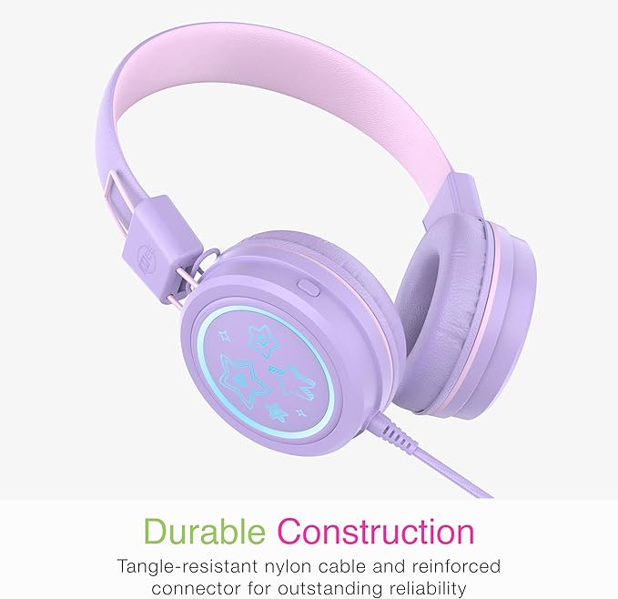 MEE audio KidJamz KJ55 Personalized USB-C Safe Listening Wired Headphones for Kids with Custom LED-Backlit Design, Volume Limiter, & Microphone for iPhone 15, iPad, & USB Type C Devices (Lavender)