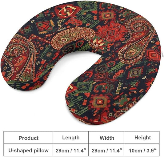 Memory Foam Travel Pillow Chin Head Support Cushion Bandana Paisley and Native American Motifs Pattern, Washable Removable Cover for Airplane Car Outdoor Sleep