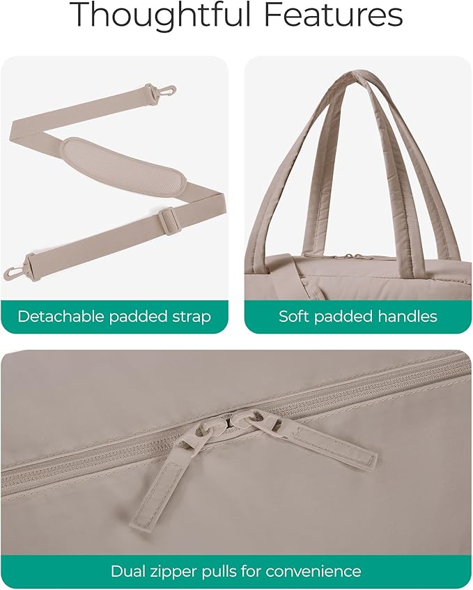 BAGSMART Gym Bag for Women, Lightweight Puffer Duffle Bag 2-PC Travel Bag, 31L Weekender Overnight Bag Quilted Carry On Tote Bag, Diaper Hospital Dance bag for Travel, Gym, Water Resistant, Camel