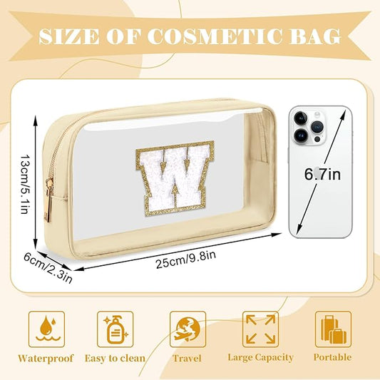 Personalized Initial Letter Clear Makeup Bag,Preppy Small Nylon&PVC Cosmetic Zipper Bag with Chenille Letter,Portable Beach Travel Skincare Toiletry Bag,Trendy Monogram Gift for Teen Girls Women,W