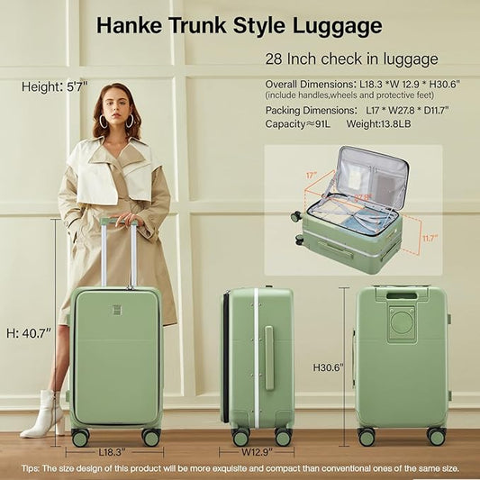 Hanke 28 Inch Luggage with Cup Holder and Charge,Top Opening Hard Shell Suitcases with Wheels and Dividers,Aluminum Frame Trunk Luggage Extra Large Suitcase with Lock for Travel,Bamboo Green
